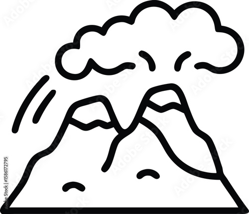 Volcano eruption outline illustration with smoke cloud coming out on the mountain landscape