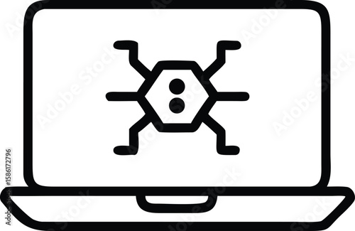Virus icon on laptop screen shows cyber security threat in simple style