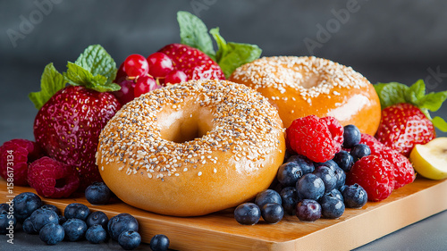 Fresh bagels topped with sesame seeds, surrounded by vibrant