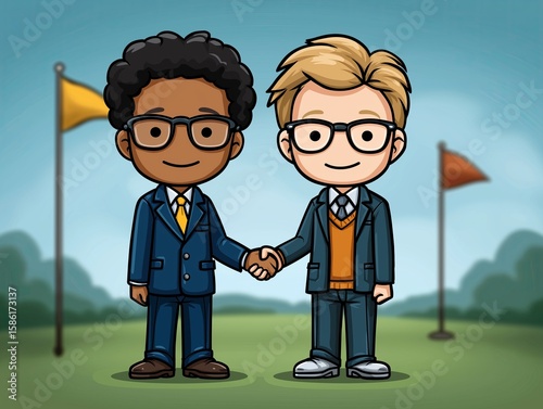 Two cartoon businessmen, one with curly black hair and glasses, the other with straight blonde hair, shake hands on a golf course, symbolizing partnership and collaboration in business