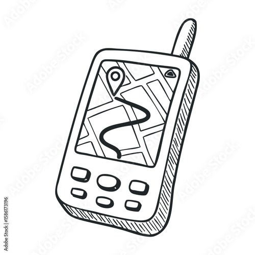 Hand-drawn gps navigation device with map and route display. Hand drawn vector illustration