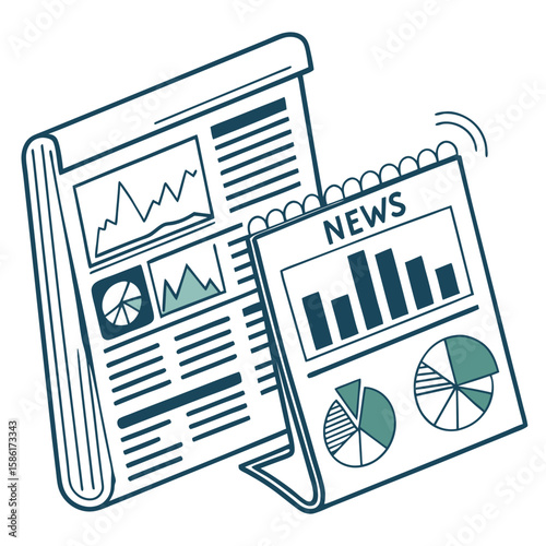 News articles with charts and graphs in illustration style  