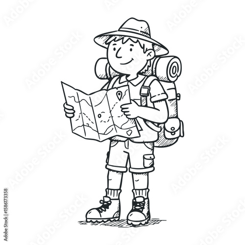Young caucasian boy cartoon explorer with hat and backpack holding map. Hand drawn vector illustration