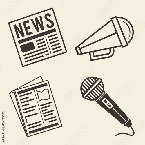News articles and microphone icons in retro sketch style  