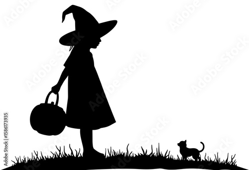 Young girl in a witch costume holding pumpkin while standing near dog  
