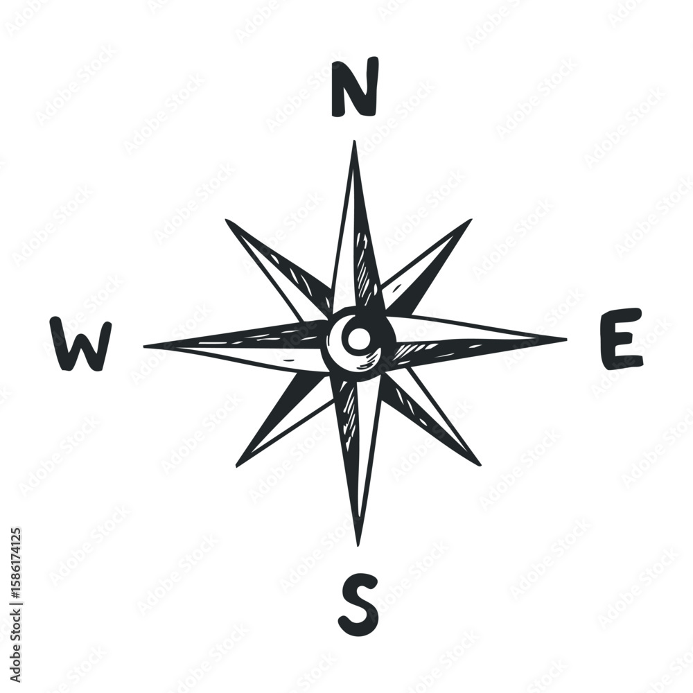 Black and white compass rose illustration with cardinal directions. Hand drawn vector illustration Black and white compass rose illustration with cardinal directions. Hand drawn vector illustration
