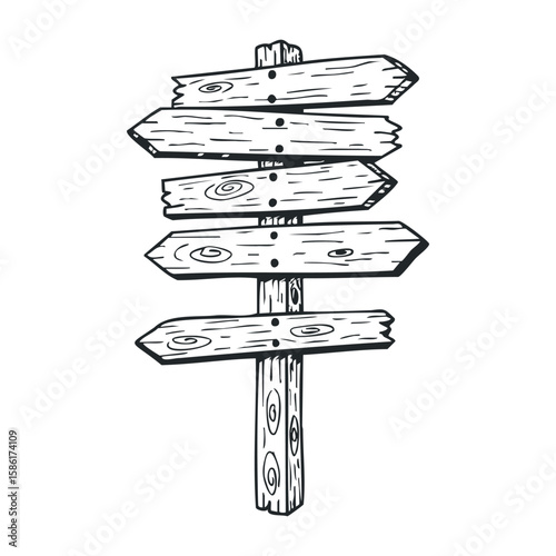 Hand-drawn wooden signpost with multiple directional arrows and rustic texture. Hand drawn vector illustration