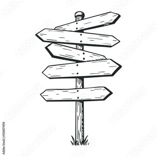 Blank wooden signpost with multiple directional arrows in black and white illustration. Hand drawn vector illustration