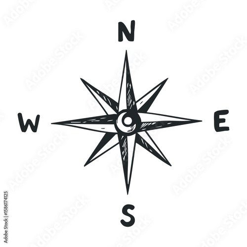 Black and white compass rose illustration with cardinal directions. Hand drawn vector illustration