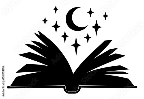Open book silhouette with stars and moon on white background  