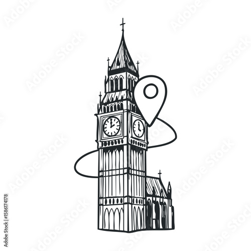 Iconic big ben sketch with location pin for london tourism concept. Hand drawn vector illustration