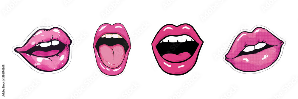 Pop Art Style Pink Lips Illustrations. Expressive Lipstick Designs For Fashion And Art Concepts Isolated On Transparent Background Pop Art Style Pink Lips Illustrations. Expressive Lipstick Designs For Fashion And Art Concepts Isolated On Transparent Background
