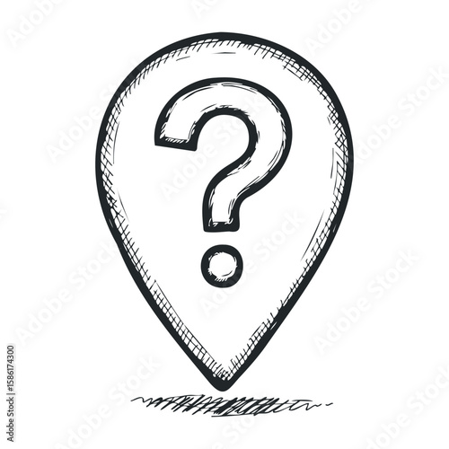 Hand-drawn location pin with question mark indicating uncertainty or mystery. Hand drawn vector illustration