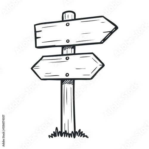 Simple directional wooden signpost on grass – minimalist black and white drawing. Hand drawn vector illustration