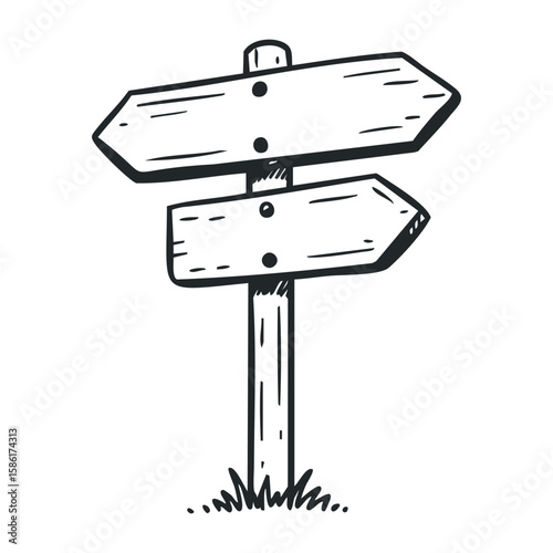 Black and white rustic wooden signpost illustration with grass base. Hand drawn vector illustration