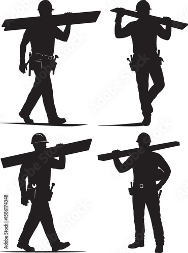 construction workers carrying wooden planks silhouette
