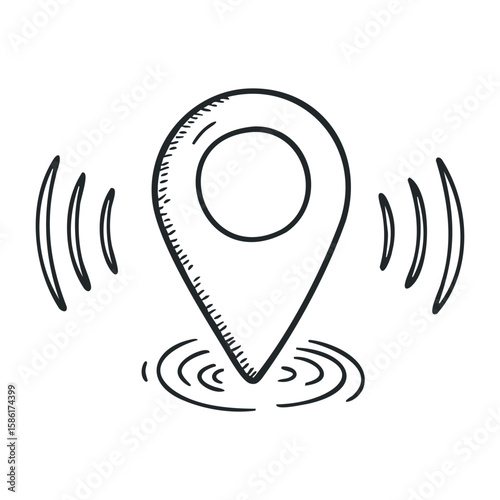 Hand-drawn location pin icon with sound waves for navigation and mapping. Hand drawn vector illustration