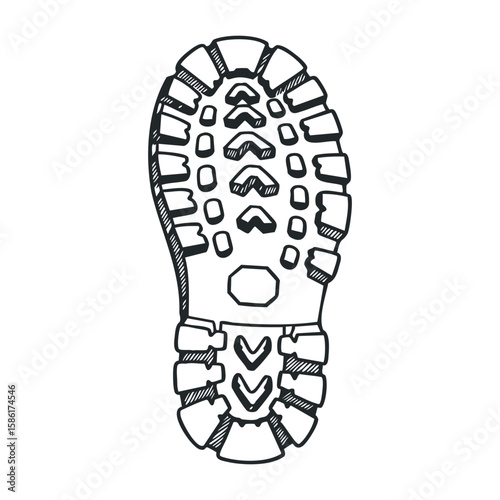 Hiking boot sole tread sketch with detailed pattern and design elements. Hand drawn vector illustration
