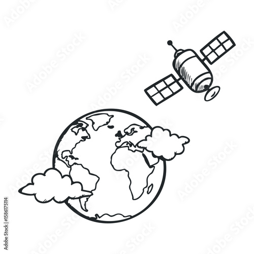 Satellite orbiting earth with clouds in hand-drawn style black and white sketch. Hand drawn vector illustration