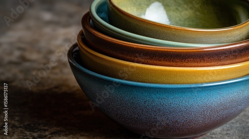 Colorful Stacked Bowls on Rustic Surface