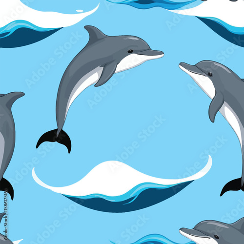 Playful Dolphin Seamless Pattern - Aquatic Vector Design for Children's Products, Fabric Prints, and Marine-Themed Graphics; Features whimsical dolphins leaping amidst stylized waves on a light blue