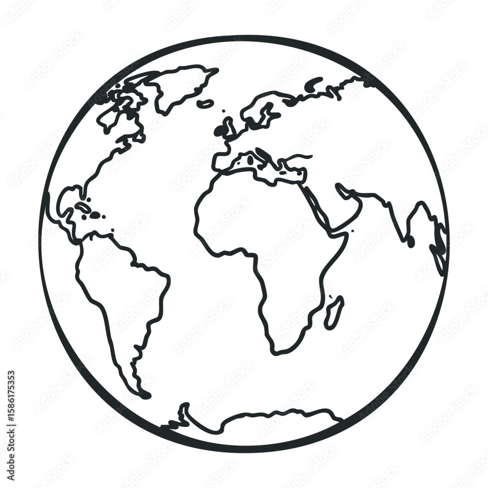 Simple black and white earth globe outline drawing showing continents. Hand drawn vector illustration Simple black and white earth globe outline drawing showing continents. Hand drawn vector illustration