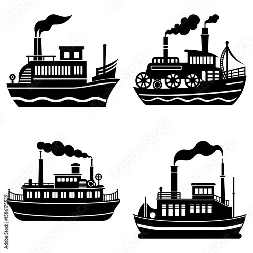 Collection of four steam boat silhouettes with smoke stacks and detailed boat features in black