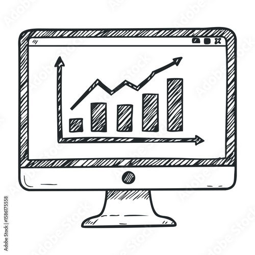 Hand-drawn computer monitor with rising bar and line graph display. Hand drawn vector illustration