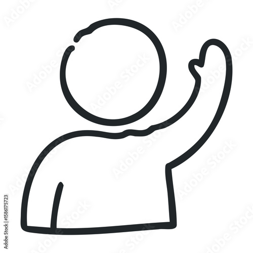 Black outline drawing of person waving hand in simple minimalist style. Hand drawn vector illustration