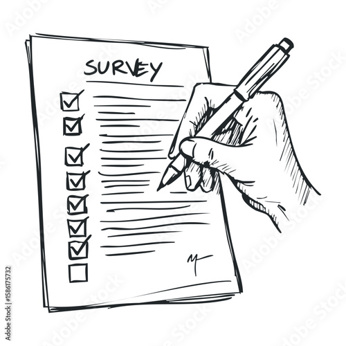 Hand writing on survey form with checklist and pen illustration. Hand drawn vector illustration