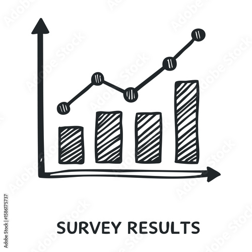 Hand-drawn bar graph with rising line trend and arrows indicating survey results. Hand drawn vector illustration