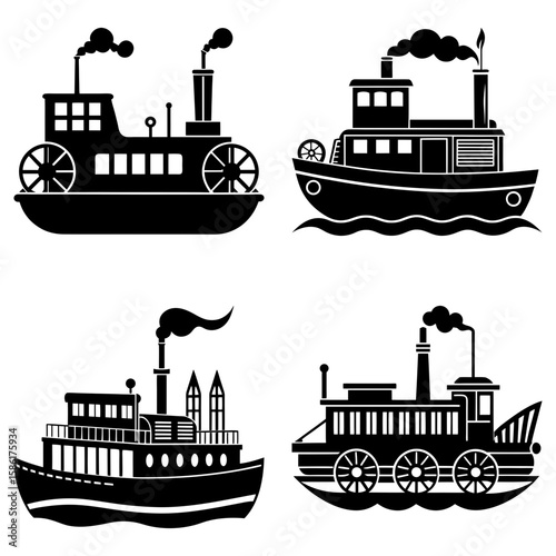 A collection of four black and white steamboat illustrations with varying designs and smoke stacks shown