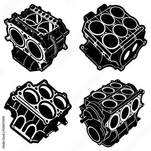 Isometric view of four engine blocks with multiple cylinders in black and white illustration style