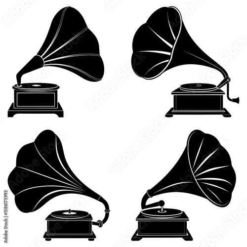 Four vintage gramophones with large horns and crank handles in black and white illustration style design