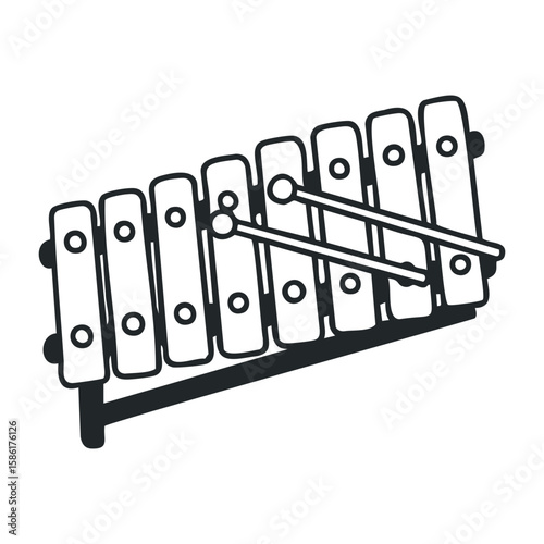 Black and white xylophone with mallets on a stand. Outline vector illustration
