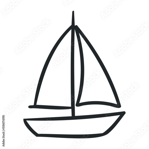 Simple line drawing of sailboat on white background. Outline vector illustration