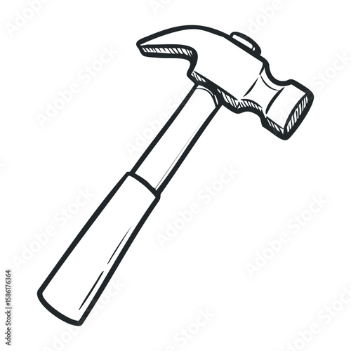 Black and white hammer drawing with wooden handle and metal head for construction projects. Outline vector illustration