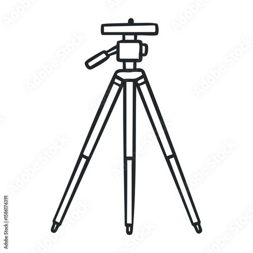 Black and white tripod illustration with adjustable legs and mount for cameras. Outline vector illustration