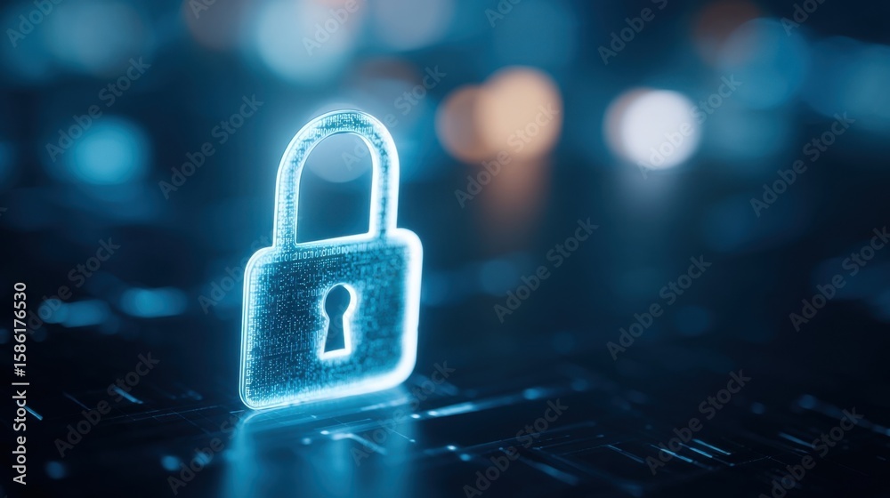 Fototapeta premium Futuristic glowing digital padlock symbol representing cybersecurity and data protection.