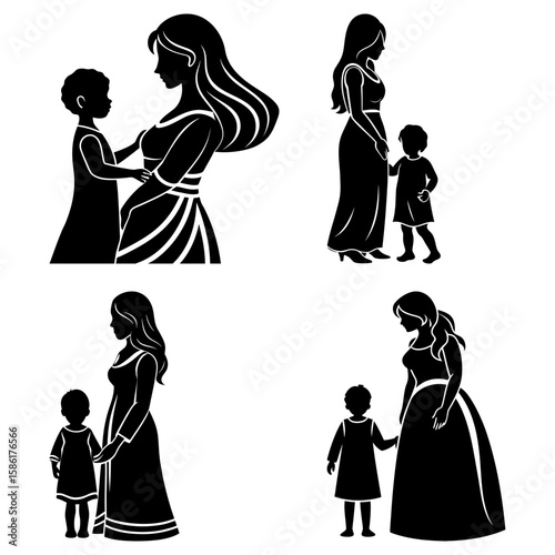 Silhouettes of mothers and children in various poses showcasing maternal love and family connection scenes