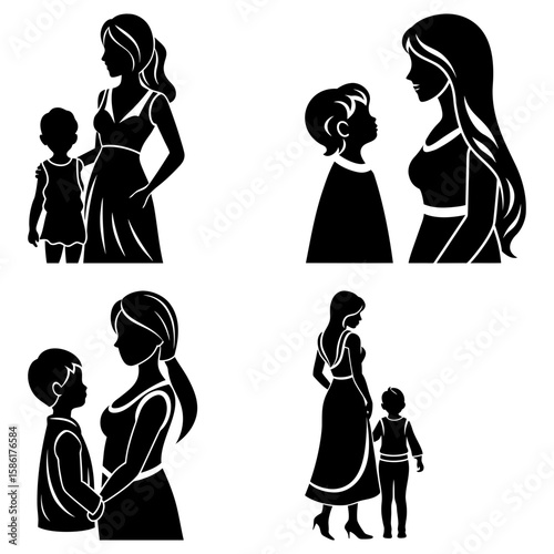 Silhouettes of mother and child in various poses depicting maternal love and affection in black and white art