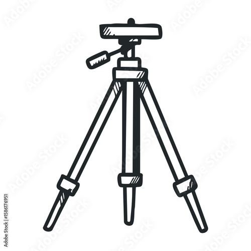 Black and white tripod sketch with lever and adjustable legs. Outline vector illustration