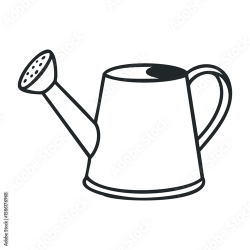 Simple black and white outline of metal watering can for gardening. Outline vector illustration