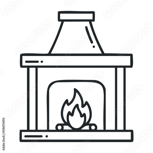 Simple black and white fireplace drawing with flames and mantel design. Outline vector illustration