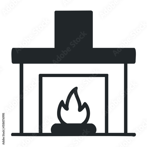 Simple black fireplace icon with flames for home heating and interior design. Outline vector illustration