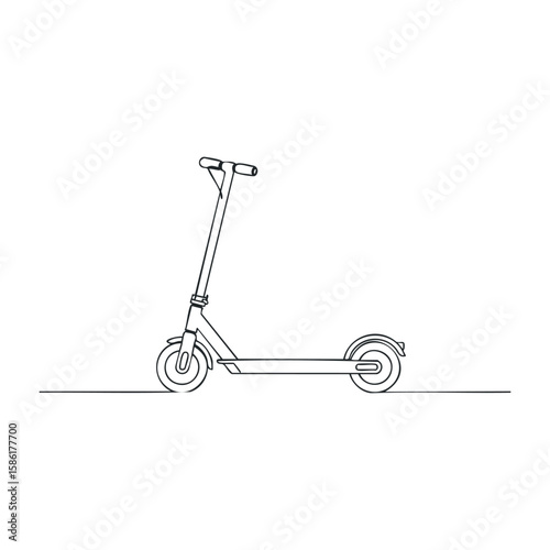 Minimalist line art of electric scooter side view. Outline vector illustration