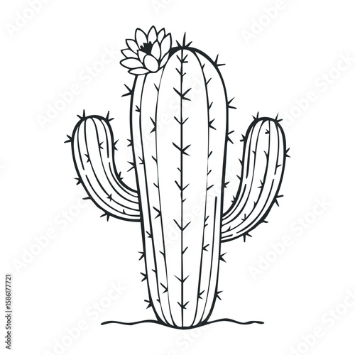 Blooming saguaro cactus outline with flower - minimalist black and white design. Outline vector illustration