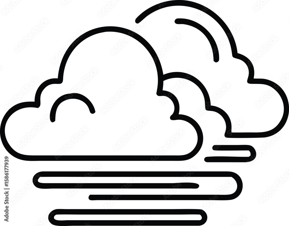 Weather icon of two clouds with fog in outline style design
