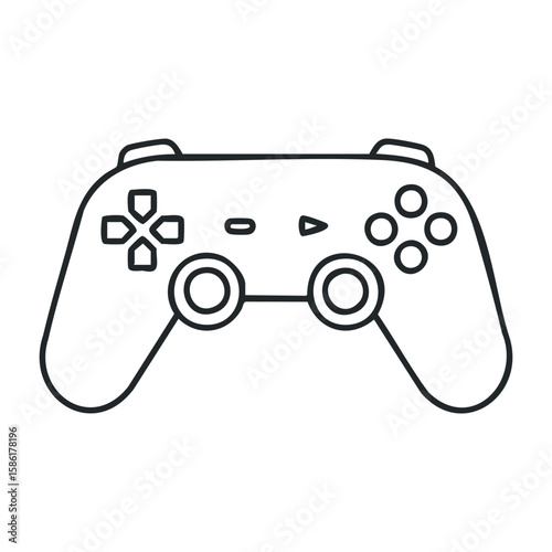 Black and white outline of a game controller with buttons and joysticks. Outline vector illustration