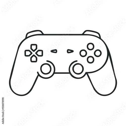 Outline drawing of video game controller with buttons and joysticks. Outline vector illustration